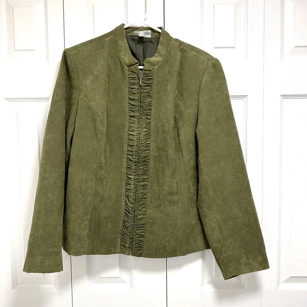 Dressbarn Women Olive Green Soft Suede Jacket Full Zip Front Lined Ruffles